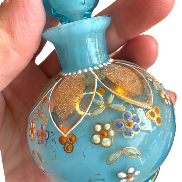 Antique Hand painted Blue Opaline French perfume bottle 4x3” - Picture 4 of 6